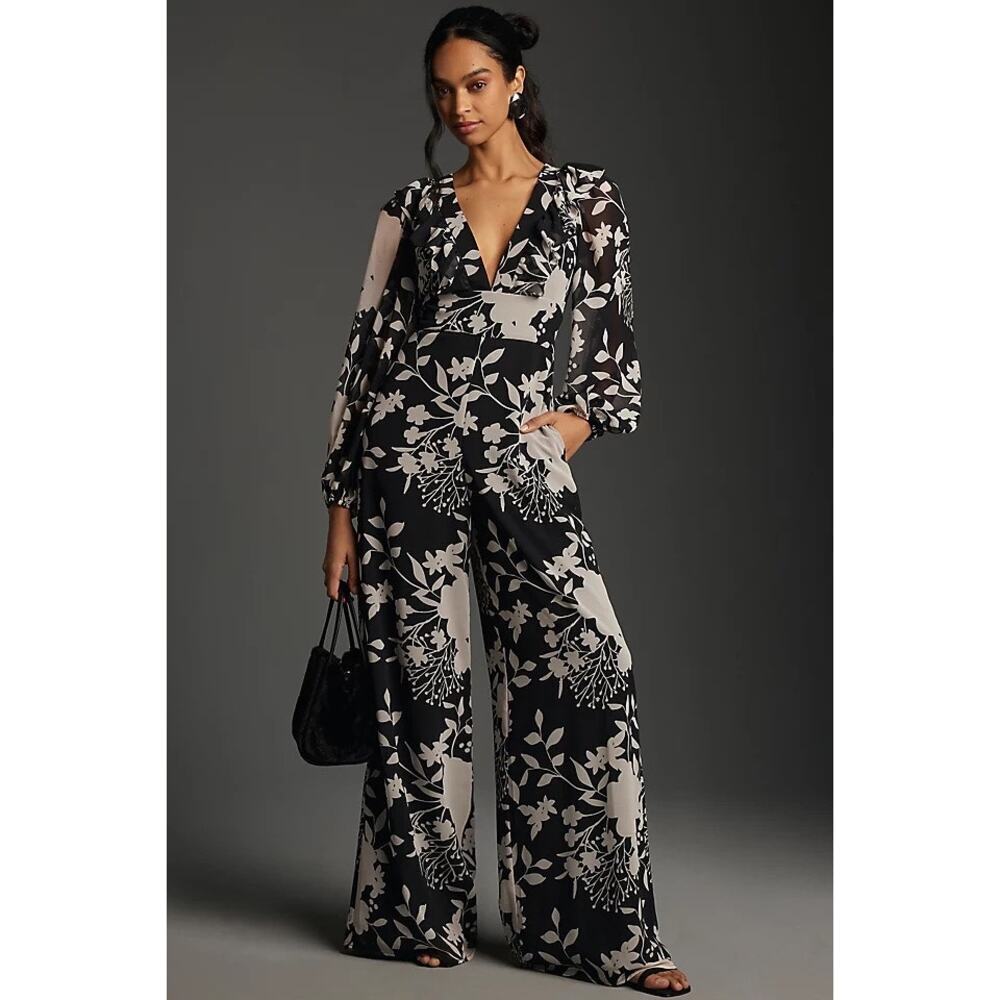 Anthropologie Hutch Floral Deep-V Balloon Sleeve Jumpsuit Black White Size Small
